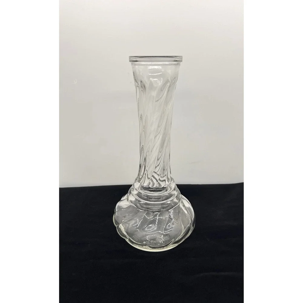 CFG Clear Glass Swirl Optic Bud Vase Twisted Neck Bulbous Base CL 12